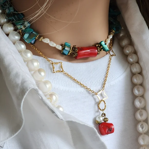 FP Ariana Ost Rare Designer Necklace Natural Coral Pearl Mother Of Pearl Stone - Picture 1 of 15
